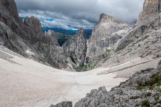 View of a snowfield in the Dolomites