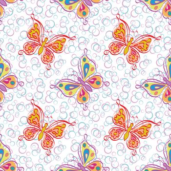 Seamless pattern, outline colorful butterflies on abstract background.