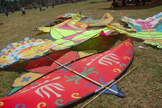 pangandaran, indonesia-july 16, 2011: various model of participant kite at pangandaran international kite festival that held in east coast pangandaran beach, west java-indonesia.