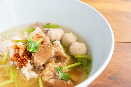 rice noodles soup with pork and meat ball
