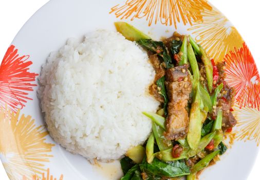 stir fried kale with crispy pork and steamed rice