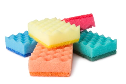 Colorful sponges for washing dishes isolated on white background