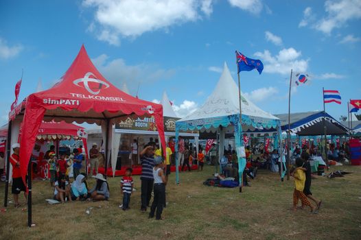 pangandaran, indonesia-july 16, 2011: participant booth at pangandaran international kite festival that held in east coast pangandaran beach, west java-indonesia.