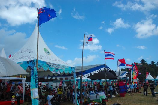 pangandaran, indonesia-july 16, 2011: participant booth at pangandaran international kite festival that held in east coast pangandaran beach, west java-indonesia.