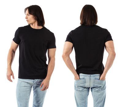 Photo of a man wearing blank black t-shirt, front and back. Ready for your design or artwork.