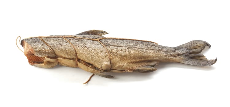 Smoked trunk of hunchback salmon without head on the white background