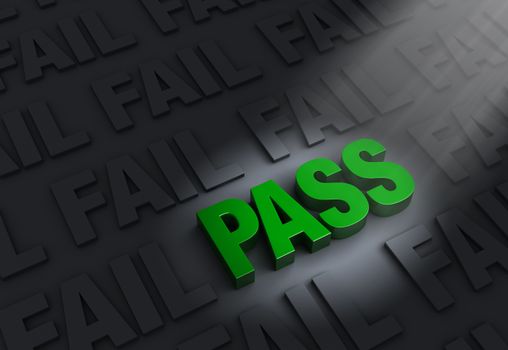 A spotlight illuminates bright, green "PASS" on a dark background of "FAIL"s