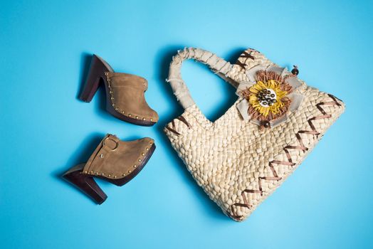 Woman leather purse isolated on blue background