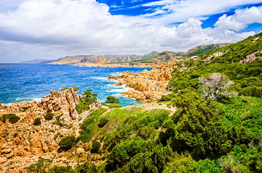 Beautiful ocean coastline landscape during sunny day, Costa Paradiso, Sardinia, Italy