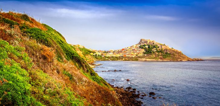 Scenic view of Castelsardo town and ocean landscape, Sardinia, Italy