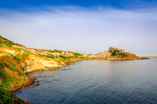 Scenic view of Castelsardo town and ocean coast landscape, Sardinia, Italy