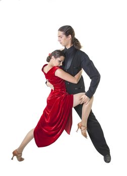 Young couple dancing tango isolated over white