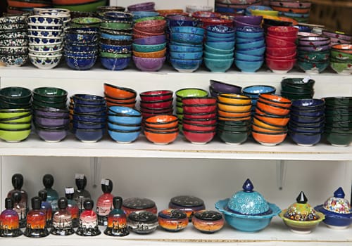 Traditional turkish souvenir bowls on a shelf