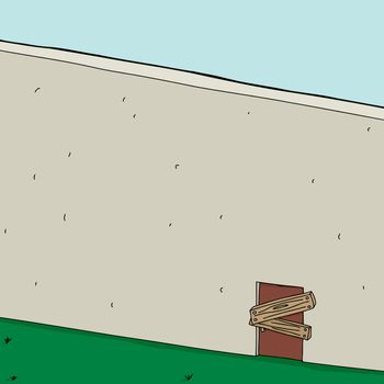 Boarded up door in concrete wall background cartoon