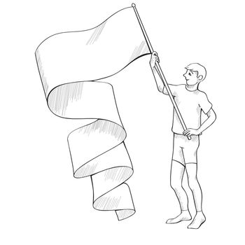 Flag bearer hand drawn cartoon illustration over white