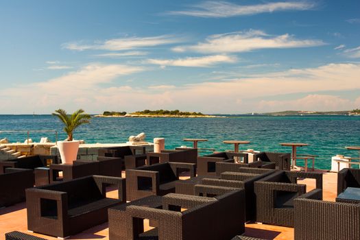 View of outdoor restaurant in Rovinj, Croatia