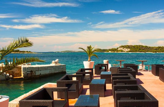 View of outdoor restaurant in Rovinj, Croatia