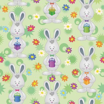 Seamless pattern, cartoon Easter Bunnies with gift boxes on a floral background.