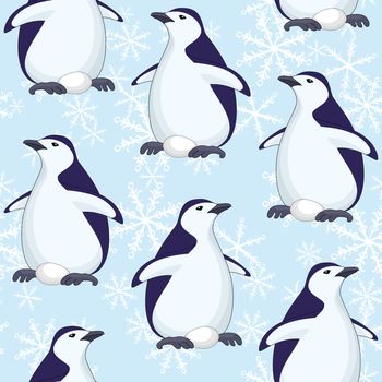 Seamless pattern, cartoon Antarctic penguins and egg on a blue background with snowflakes.