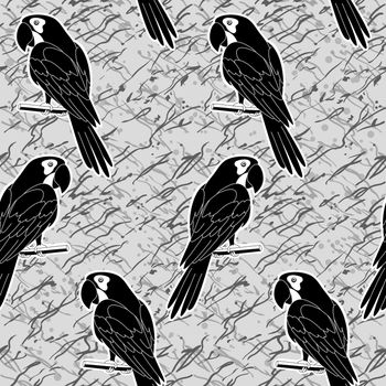 Seamless pattern, cartoon black and white silhouettes parrots on abstract grey background.
