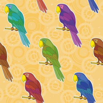 Seamless pattern, cartoon colorful parrots on abstract background.