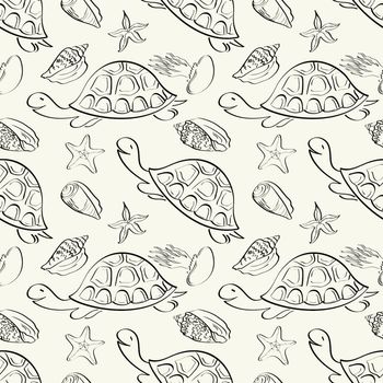 Seamless pattern, turtles, seashells, starfish and jellyfish black contours isolated on white background.