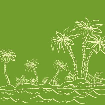 Tropical landscape, sea island with palm trees and grass, white contours on green background.