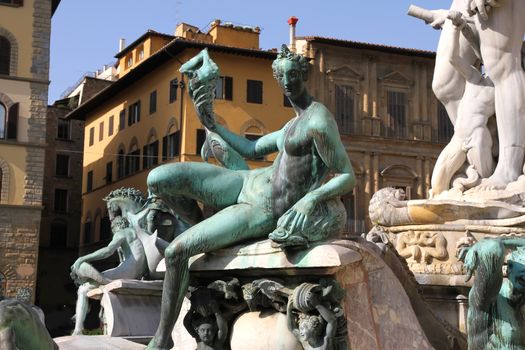 Statue on the Fountain of Neptune on the Piazza della Signoria in Florence, Italy, Europe.