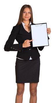 Businesswoman holding paper holder. Isolated on white background