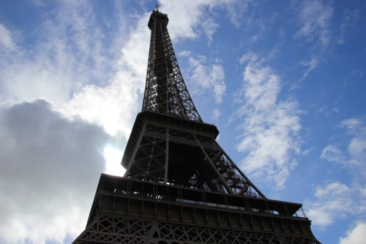 Looking up the Eiffel Tower in Paris.