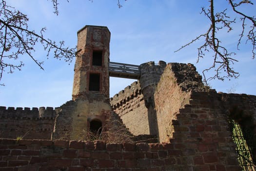 Looking up at the remains of the original tower of Dilsberg Castle, Germany