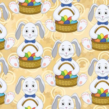 Seamless pattern, cartoon Bunnies with a basket of Easter eggs on abstract background.