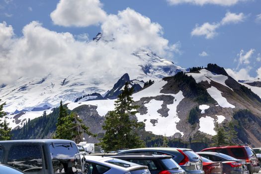 Mount Baker from Artist Point with Parking lot with Cars Snow Mountain Washington Pacific Northwest