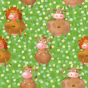 Seamless pattern, cartoon cows on a green summer flowering meadow.
