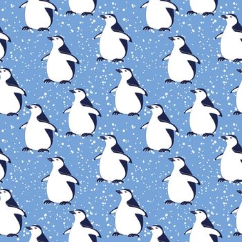 Seamless pattern, cartoon Antarctic penguins on a blue background with snowflakes.