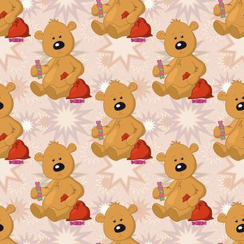 Seamless pattern, cartoon teddy bear sits with a sweet and Christmas bag on abstract stars background.
