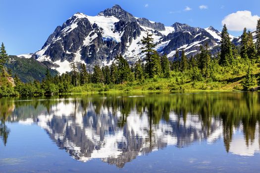 Picture Lake Evergreens Mount Shuksan Mount Baker Highway Snow Mountain Trees Washington Pacific Northwest USA

