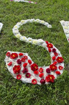 beautiful cloth and flower alphabet letter S on grass in park