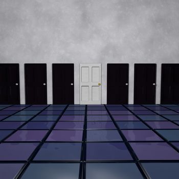 White door between many black doors, 3d render