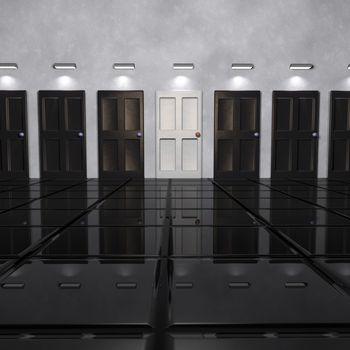 White door between many black doors, 3d render