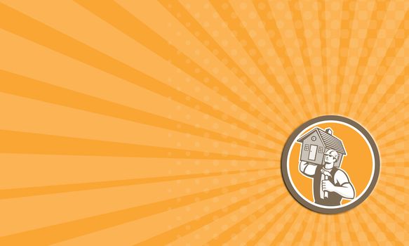 Business card showing illustration of a carpenter builder holding hammer and carrying house on shoulder set inside circle on isolated background done in retro style. 
