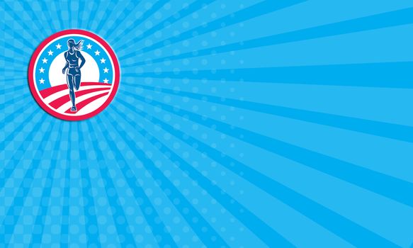 Business card showing illustration of an american marathon triathlete runner running winning finishing race set inside circle with stars and stripes in the background done in retro style.