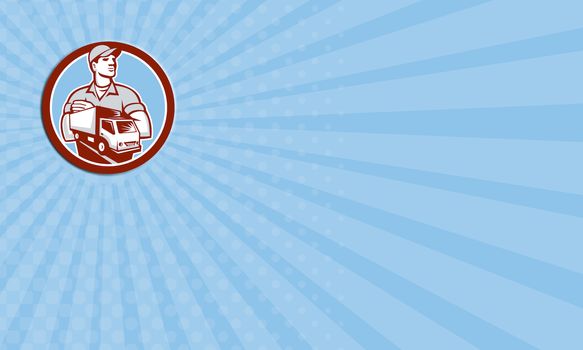 Business card showing illustration of a removal man delivery guy with moving truck van set inside circle on isolated background done in retro style.