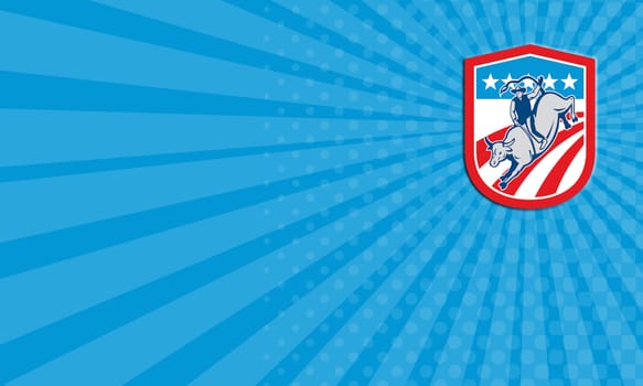 Business card showing illustration of an american rodeo cowboy riding bucking bull set inside shield crest with stars and stripes in the background done in retro style. 
