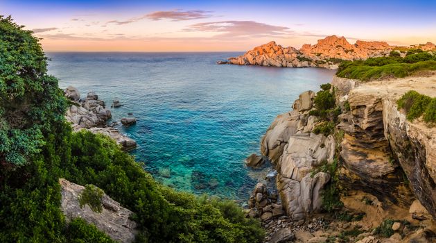 Panoramic landscape view at rocky ocean coastline, Capo Testa, Sardinia, Italy