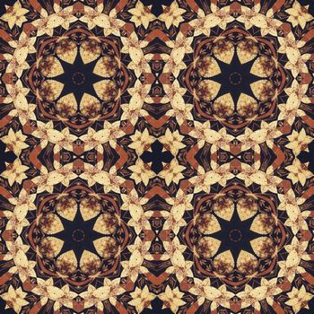 Abstract artistic pattern, seamless handmade floral ornament, applique from the back side of a birch bark on black fabric background