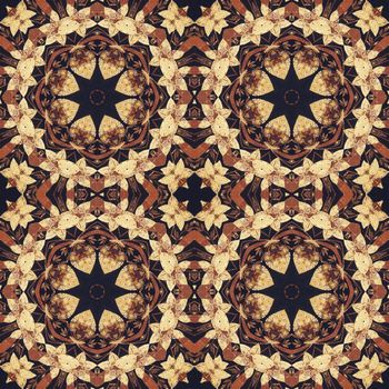 Abstract artistic pattern, seamless handmade floral ornament, applique from the back side of a birch bark on black fabric background