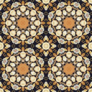 Abstract seamless artistic pattern, floral ornament, handmade applique from painted straw and bark on a black fabric background