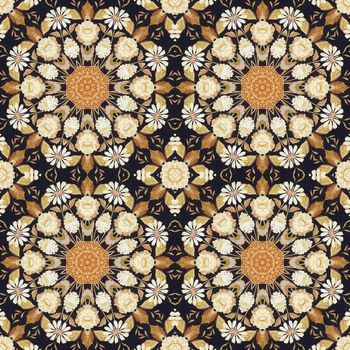 Abstract seamless artistic pattern, floral ornament, handmade applique from painted straw and bark on a black fabric background