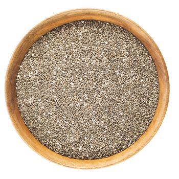 Bowl of dark chia seeds isolated on white background.